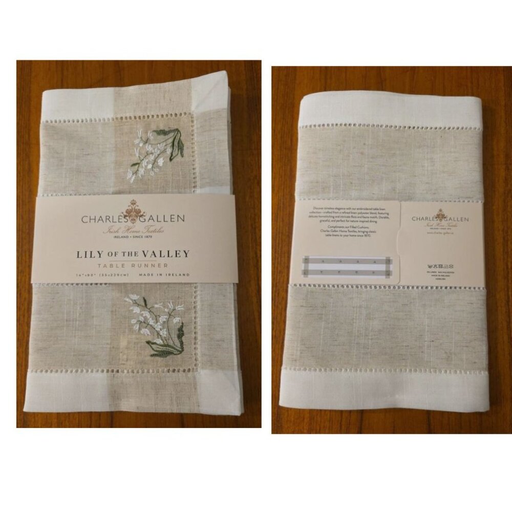 NEW! CHARLES GALLEN IRISH TEXTILES TABLE RUNNER LILY OF VALLEY 14"X90" IRELAND